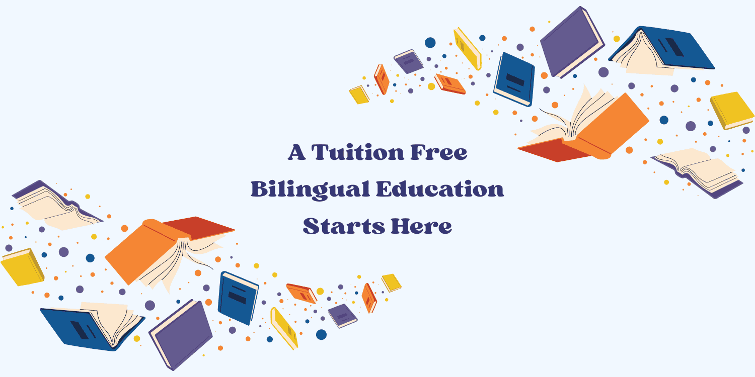 Illustration of books and dots surrounding text about bilingual education.